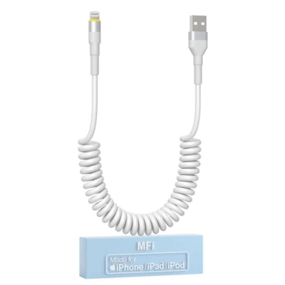 Immagine di Cavo Smartphone Corto per Apple Carplay[Certificato MFi], Lightning a Spirale con luce LED, Caricabatterie Retrattile Sincronizzazione Dati Phone/Pad/Pod
