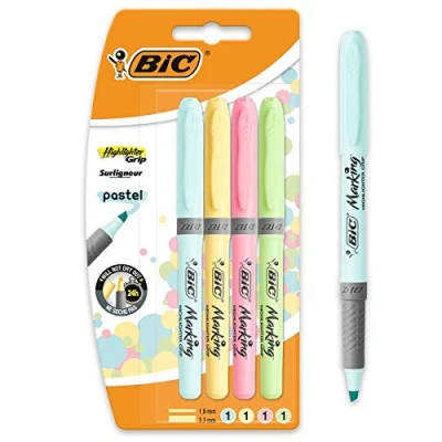 Immagine di BIC Intensity, Highlighter Grip, Evidenziatori Pastello Colorati, Tecnologia Anti Essicazione e Punta a Scalpello, 4 Unità, Cancelleria Scuola