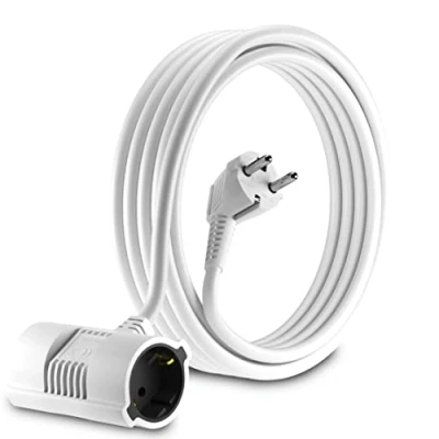 Immagine di MutecPower 5 metri Prolunga Cavo di alimentazione a 2 vie con prese schuko 90 angolato spina CEE 7/7 maschio 2x femmina fino 250V 50Hz 16A non polarizzata DVE 5m