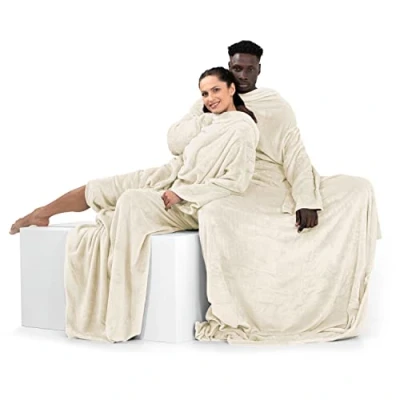 Immagine di DecoKing Coperta con Maniche per TV in Microfibra e tasca Morbido Poliestere Crema 170 x 200 cm Lazy