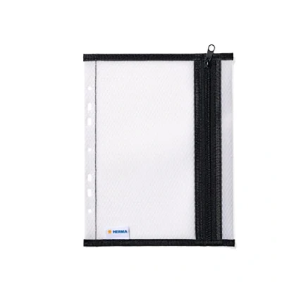 Immagine di HERMA 20029 Cartella portadocumenti, formato A5, con chiusura lampo, colore: nero trasparente, grande tasca trasparente e forata cerniera, custodia per documenti, documenti