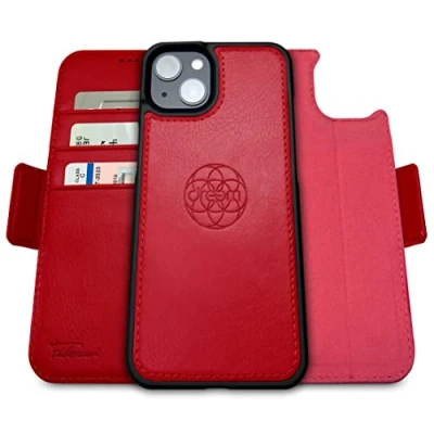 Immagine di dreem Fibonacci compatibile con iPhone 14 Plus custodia a portafoglio/custodia antiurto 2 in 1 e folio pelle vegana staccabile, MagSafe, protezione RFID [Rosso]