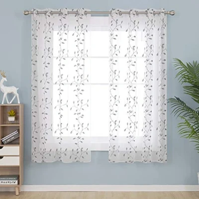 Immagine di Deconovo tende trasparenti bianche con anelli, traslucide, foglie grigie, per soggiorno, camera da letto, 140 x 175 cm (L A), confezione 2