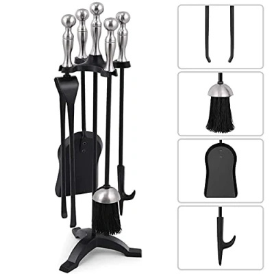 Immagine di Amagabeli 5 Pezzi Set di Strumenti per Caminetti Maniglie Dargento Porta Attrezzi, Paletta, Pinza, Scopetta, Attizzatoio, Attrezzi Camino
