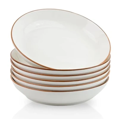 Immagine di ALLUSEIT Set di 6 ciotole per pasta, piatti da insalata in porcellana con motivo a griglia, 20,3 cm, 765,4 g, cucina ceramica servire zuppe, tagliatelle, cene, ecc. Adatti al