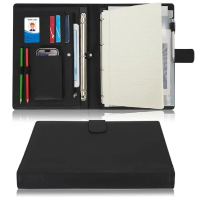 Immagine di Wonderpool Portadocumenti A4 PU Pelle con 4 Anelli Multi Documento Raccoglitore Rimovibile per Appunti e Tasca Funzionale Organizzatore Ufficio Viaggi Scuola (Nero)