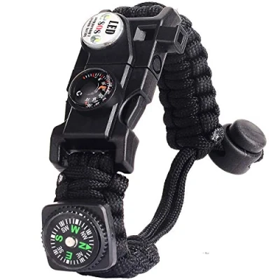 Immagine di Braccialetto Paracord Sopravvivenza Militare Kit, Bracciale Regolabile con Flint + Bussola Termometro per attività all&#039;aperto Escursionismo Campeggio di Emergenza (Nero)