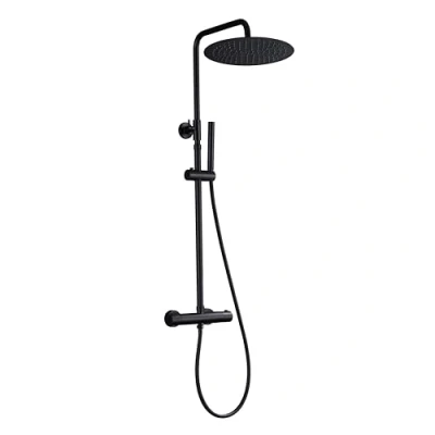 Immagine di JOHO Colonna Doccia Termostatico Nero Opaco in Acciaio Inox Set a Pioggia con Soffione e Doccetta Mano (D30cm tondo)