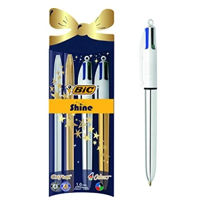 Immagine di BIC 4Colori e Cristal, Fusti Shine, Set di 2 Penne Multicolore con 4 Inchiostri Classici Cristal Oro Argento, Punta Media, Idea Regalo Cancelleria