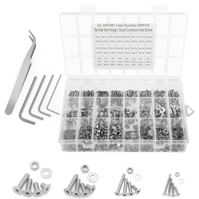 Immagine di Belle Vous 950 Viti Svasate con Set di Bussole Esagonali Kit Testa Piatta Acciaio Inox M2, M3, M4 e M5 Custodia Bulloni Dadi Per Fai Da Te Riparazioni Macchinari