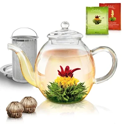 Immagine di Creano teiera in vetro 1,0 l include 2 fiori di tè con filtro integrato acciaio inossidabile e coperchio vetro, antigoccia