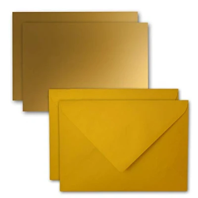 Immagine di Set di 50 biglietti con busta, formato DIN A7, 10,5 x 7,3 cm, oro buste per lettere, C7, incollaggio a umido, ideale come regalo