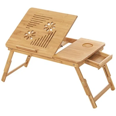 Immagine di SONGMICS Tavolino Porta Laptop in Bambù Pieghevole, Vassoio per PC Notebook da Letto Computer Portatile, d&#039;Appoggio Inclinabile 55 x 35 29 cm LLD002