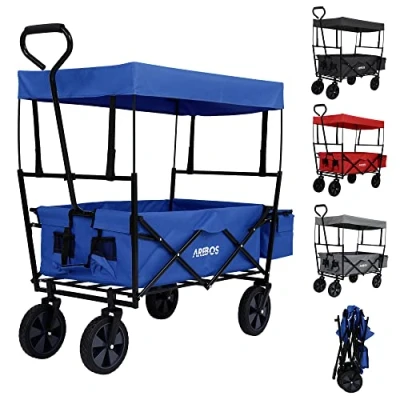 Immagine di Arebos Carrello Pieghevole con tetto Trolley di trasporto 2x tasche a maglia e 1x tasca esterna portata fino 70 kg ruote anteriori rotabili 360 Blu
