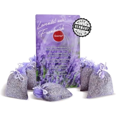 Immagine di Quertee 10 x Sacchetti di lavanda bustine profumate con fiori come protezione contro le tarme nell&#039;armadio francese per rilassarsi e dormire (10 g lavanda)