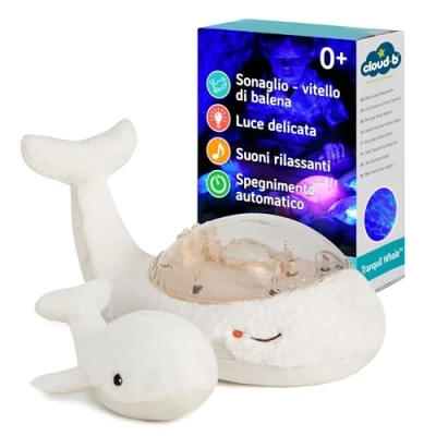 Immagine di Cloud b proiettore di luce oceanica notturna con suoni rilassanti Luminosità regolabile Auto spegnimento Tranquil Whale Family Bianca