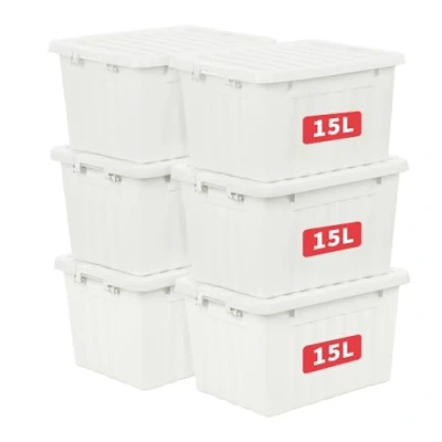 Immagine di Cetomo 15L*6 Scatola portaoggetti in plastica,Bianco,Tote box,Contenitore organizzativo con coperchio resistente e fibbie di chiusura sicure, Impilabile inseribile, Confezione da 6, fibbia