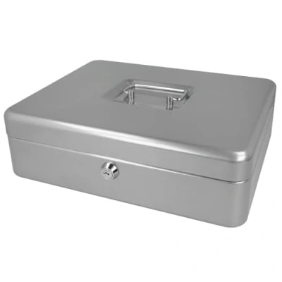 Immagine di Westcott Cassetta portavalori con serratura (grande, 30 cm) argento in lamiera d&#039;acciaio 2 chiavi Inserto rimovibile per monete 5 scomparti E 51002 SILVER