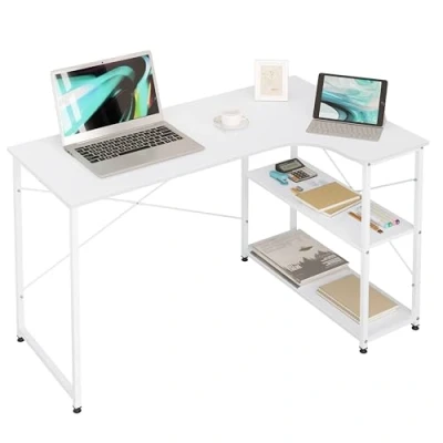 Immagine di WOLTU Scrivania con Libreria a 2 Ripiani, Angolare, da Ufficio L, Tavolo PC Computer per Studio, Dormitorio, in Legno e Acciaio, Bianco+Bianco, 120x74x71,5cm, TSB06ws