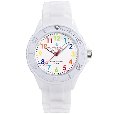 Immagine di Alienwork Kids Orologio di Apprendimento bambini Ragazzi Ragazze Bianco Bracciale in Silicone Multicolore Impermeabile 5 ATM Tempo