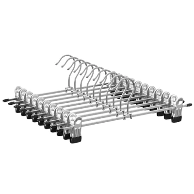 Immagine di SONGMICS Grucce Pantaloni in Metallo, 10 Pezzi, Appendiabiti con Pinze per Gonne Calze, Lunghezza 31 cm, Capacità di Carico Elevata, Cromato, Argento Metallizzato e Nero Inchiostro CRI003E10