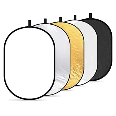 Immagine di Neewer 5 in 1 Riflettore professionale pieghevole multi disco ovale (80 x 120 cm) traslucido, argento, nero, oro e bianco