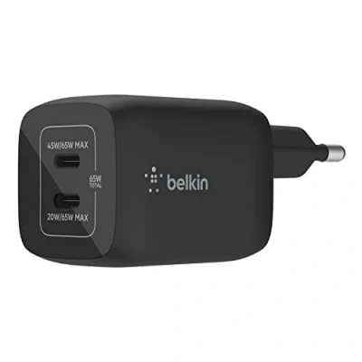 Immagine di Belkin Doppio caricabatteria da parete USB C 65 W, ricarica rapida PD 3.0, caricatore con tecnologia GaN per iPhone 15, 14, 13, 12, Pro, Pro Max, iPad, MacBook, Galaxy S24, S23, Tab e altri