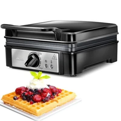 Immagine di MPM MGO 24 Macchina Professionale per 2 Cialde Belghe Spesso, Waffle Maker, Piastre Antiaderenti, Regolatore di Temperatura, Nero, 1400W, Legierter Stahl