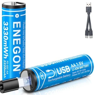 Immagine di ENEGON Batterie al litio ricaricabili AA, 1,5 V, batteria agli ioni di USB AA con cavo ricarica 2 in 1, rapida ore, confezione da