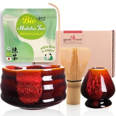 Immagine di Goodwei Set di Matcha Completo Tazza Cerimoniale con frusta e cucchiaio incl. Tè Biologico Giapponese (Akai)