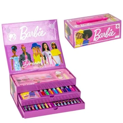 Immagine di Set di cancelleria ispirato a Barbie Colore rosa 26 x 10 13 cm Include valigetta con tutto il necessario per colorare Prodotto originale progettato in Spagna