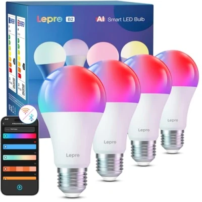 Immagine di Lepro B2 AI Lampadina Smart E27, Lampadine Intelligenti 10W 1100LM Wi Fi &amp; Bluetooth,RGB&amp;Luce Bianca Regolabile,Controllo Vocale/Sync Musicale, Funziona con Alexa/Google Home,AI Generare Luce, 4pcs