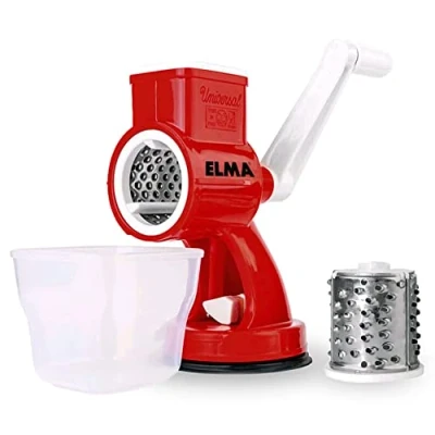 Immagine di ELMA Affettatrice Grattugia Manuale per Verdure e Frutta Secca con 2 Lame Intercambiabili in Acciaio Inox Contenitore Alimenti Colore Rosso