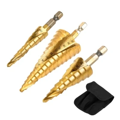 Immagine di Punte Coniche 3 PCS Fresa Conica a Gradino in HSS Titanio Misure 4 12/4 20/4 32 con gambo esagonale design doppia scanalatura per acciaio ottone legno plastica alluminio (dorato)