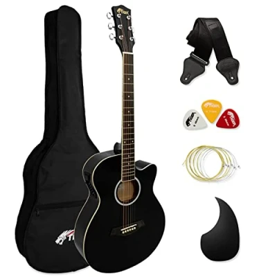 Immagine di TIGER ACG4 BK Chitarra elettroacustica 4/4 misura intera per principianti con equalizzatore a 3 bande integrato La confezione include custodia, tracolla e corde di ricambio Nero