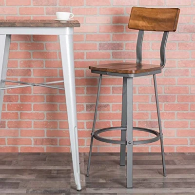 Immagine di Flash Furniture Flint Series Sgabello da bar rustico in noce con seduta e schienale legno telaio polvere grigia
