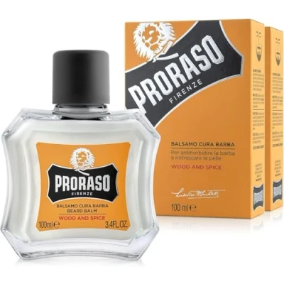 Immagine di Proraso Balsamo Cura barba Wood and Spice, 2 x 100ml, uomo per nutrire e ammorbidire la pelle ottenendo immediato sollievo, Made in Italy