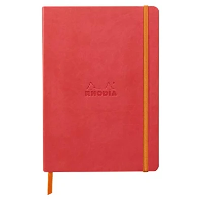 Immagine di RHODIA 117380C Taccuino flessibile Corallo A5 a righe 160 pagine Carta Clairefontaine Avorio 90 g/m Segna pagina, Chiusura con elastico Copertina Simil Cuoio Collezione Rhodiarama