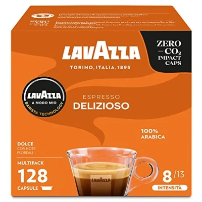 Immagine di Lavazza A Modo Mio Espresso Delizioso, 128 Capsule Caffè, per un con Note Aromatiche di Fiori, 100% Arabica, Intensità 8/13, Tostatura Media, 8 Confezioni x 16