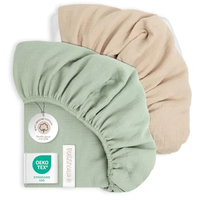 Immagine di Mimuselina Lenzuola Lettino Neonato 60x120 Set da 2 Copripiumino Miniculla 100% Cotone Mussola Morbida e Traspirante Made in Spain [Menta + Sabbia]