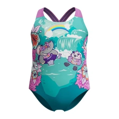 Immagine di Speedo Learn to Swim Printed Crossback Costume da Bagno, Resistente al Cloro, Recycled Fabric, Tessuto Elastico Bagno per Bambina, Neon Violet, 4 Anni