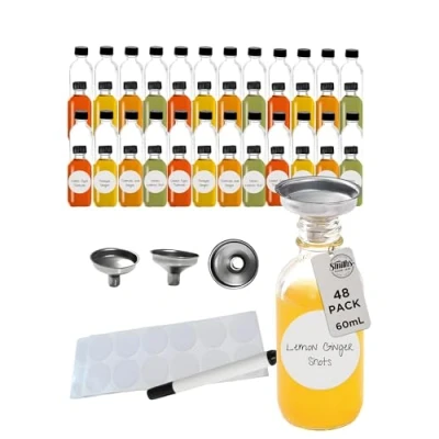 Immagine di Set di 24 mini bottiglie in vetro 60 ml con imbuto per versare, barattoli Smith&#039;s Mason trasparenti campioni Boston Nessuna perdita oli essenziali, colpi zenzero, whisky