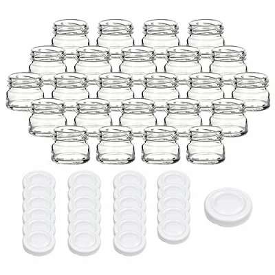 Immagine di gouveo Set di 24 vasetti per conserva 30 ml mini con coperchio a vite bianco conservazione tappo TO43 rotondi conserve, marmellata, spezie (EGR030W)