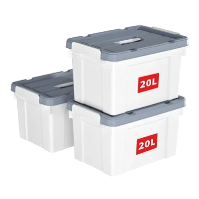 Immagine di Cetomo Scatola portaoggetti in plastica da 20 l* 3, contenitore organizzativo con coperchio durevole e fibbie di chiusura sicure, impilabile annidabile, confezione bianco