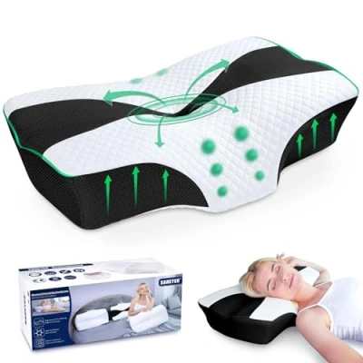 Immagine di SAHEYER Cuscino Ortopedico Cervicale, Memory Foam Cervicale per Ergonomico di Sostegno, Antirussamento, Ideale Chi Dorme Fianco, sulla Schiena o Pancia, 60 x 40 13/11cm