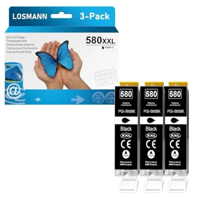 Immagine di LOSMANN 3x Nero Cartucce d&#039;inchiostro Compatibili per Canon PGI 580 XXL PGBK Pixma TS6350 TS6150 TS8150 TS8250 TS6250 TS705 TS705a TS8151 TS6151 TS8152 TS8300 TS9150 TS9155 TS9550 TR7550 TR8550