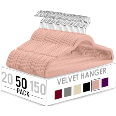 Immagine di Utopia Home grucce in velluto di alta qualità antiscivolo e resistenti con barra per cravatte salvaspazio camicie, giacche vestiti (Rosa, Confezione da 50)