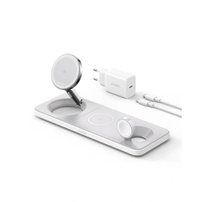 Immagine di Anker Stazione di Ricarica Wireless 3 in 1 PieghevoleCaricatore Ultra Rapido da 15W Certificato Qi2, Ideale per Serie iPhone 16/15/14/13, AirPods, Apple Watch (Caricatore e Cavo USB C Inclusi)
