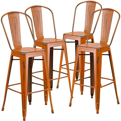 Immagine di Flash Furniture Blake Commercial Grade, Confezione da 4 sgabelli Bar in Metallo Arancione Invecchiato ad Alto Effetto per Interni ed Esterni con Schienale