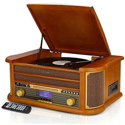 Immagine di Denver 9 IN 1 Retro Vintage DAB Bluetooth Radio Giradischi Legno con Altoparlanti DAB+, FM, Giradischi, Cassette &amp; Lettore CD, AUX IN, MP3 USB Recording, e Line Out MRD 51BT MK2